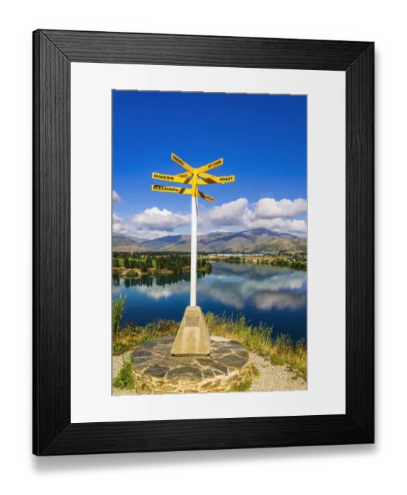 Framed Print : Location sign at the Bruce Jackson Lookout, Cromwell, Central Otago, South Island Framed Print : Location sign at the Bruce Jackson Lookout, Cromwell, Central Otago, South Island