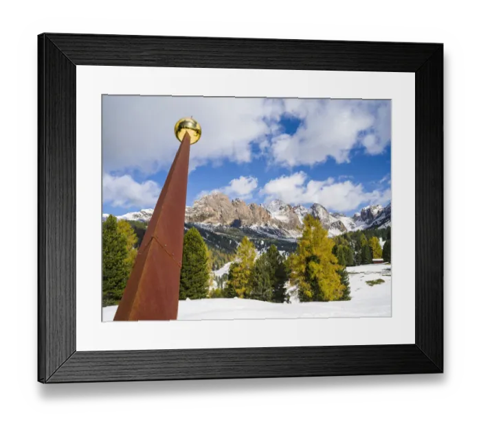 Framed Print : Giant sundial. Geisler mountain range in the dolomites of the Groden Valley or Val Framed Print : Giant sundial. Geisler mountain range in the dolomites of the Groden Valley or Val