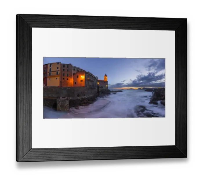 Framed Print : Europe, Italy, Tellaro. Panoramic of village and sea at sunset Framed Print : Europe, Italy, Tellaro. Panoramic of village and sea at sunset