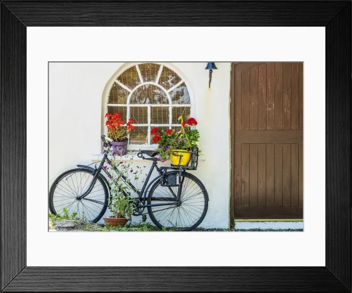 Framed Print : Europe, Ireland, County Cork. Bicycle next to house with potted plants Framed Print : Europe, Ireland, County Cork. Bicycle next to house with potted plants