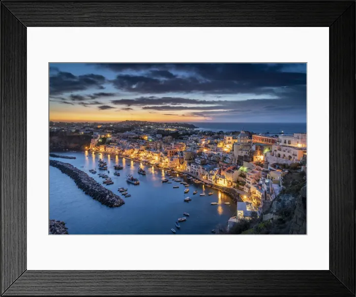 Framed Print : Europe, Italy, Procida. Overview of city and Marina Corricella at sunset Framed Print : Europe, Italy, Procida. Overview of city and Marina Corricella at sunset