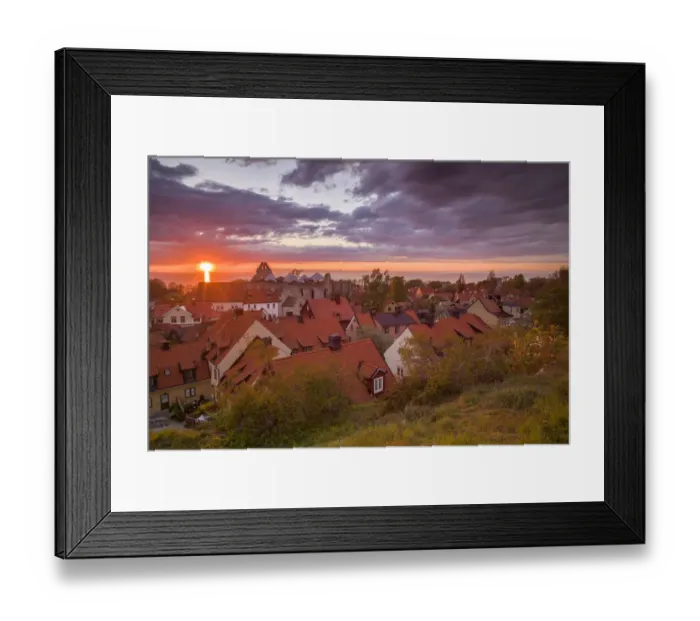 Framed Print : Sweden, Gotland Island, Visby, high angle city view, dusk