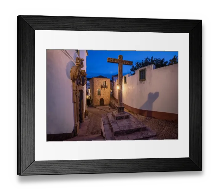 Framed Print : Europe, Portugal, Obidos. Church and cross on cobblestone street at sunset Framed Print : Europe, Portugal, Obidos. Church and cross on cobblestone street at sunset