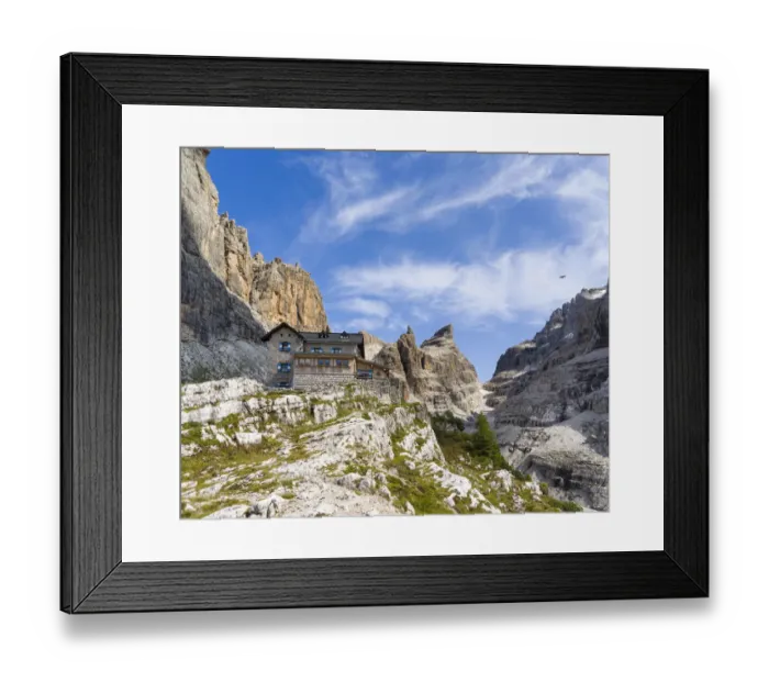 Framed Print : Mountain hut Rifugio Tuckett e Sella. The Brenta Dolomites, UNESCO World Heritage Site Framed Print : Mountain hut Rifugio Tuckett e Sella. The Brenta Dolomites, UNESCO World Heritage Site