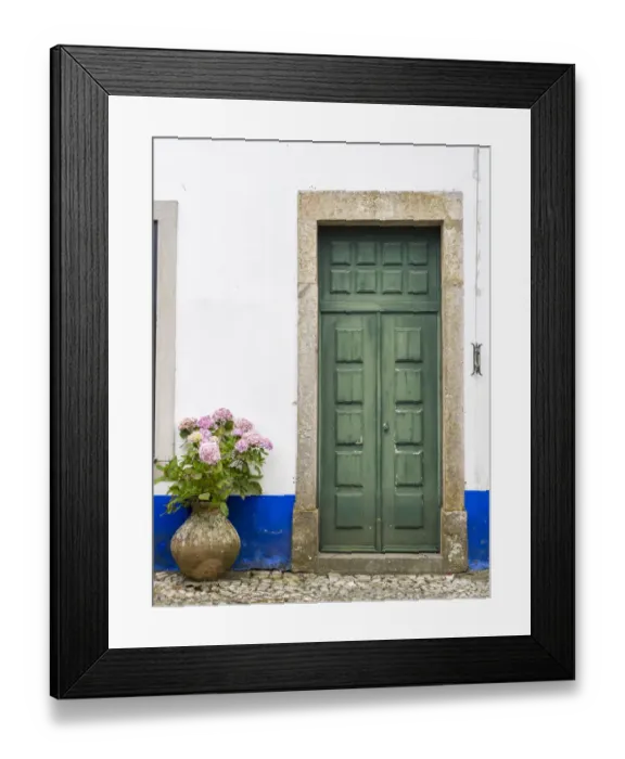 Framed Print : Portugal, Obidos. Pink hydrangea in terracotta pot next to a green door Framed Print : Portugal, Obidos. Pink hydrangea in terracotta pot next to a green door