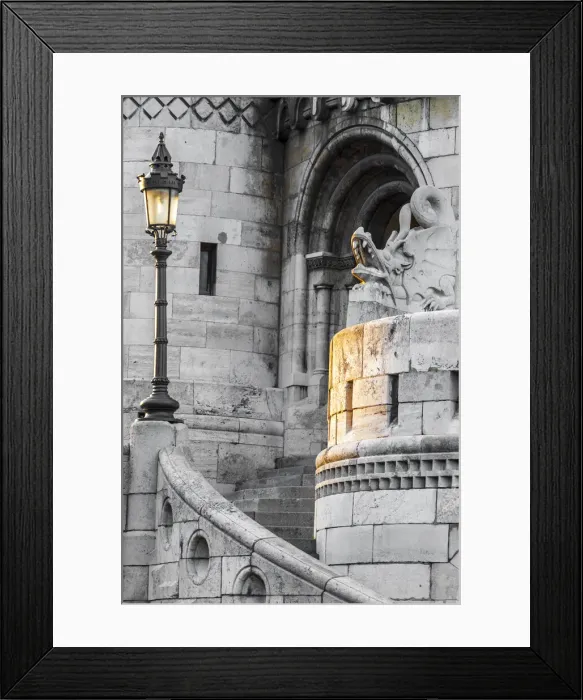 Framed Print : Hungary, Budapest. Light hitting lamppost, staircase, and dragon statue on Fisherman Framed Print : Hungary, Budapest. Light hitting lamppost, staircase, and dragon statue on Fisherman