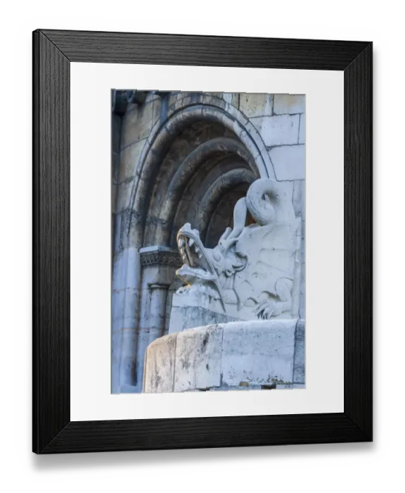 Framed Print : Hungary, Budapest. Dragon statue at Fishermans Bastion building Framed Print : Hungary, Budapest. Dragon statue at Fishermans Bastion building
