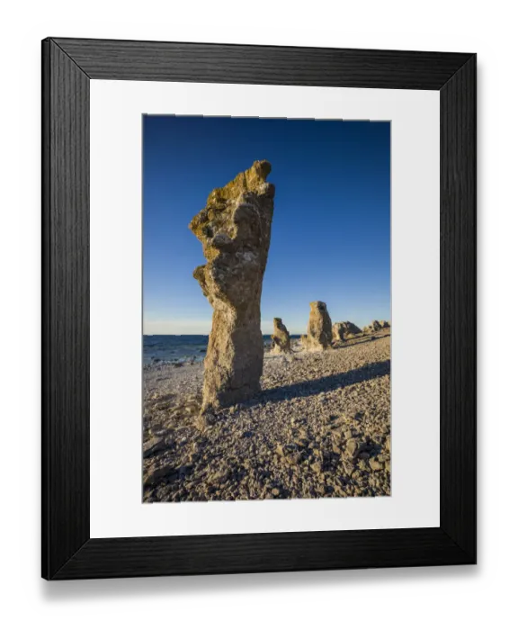 Framed Print : Sweden, Faro Island, Langhammars Area, Langhammar coastal limestone rauk rock, sunset Framed Print : Sweden, Faro Island, Langhammars Area, Langhammar coastal limestone rauk rock, sunset