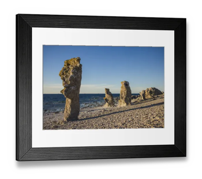 Framed Print : Sweden, Faro Island, Langhammars Area, Langhammar coastal limestone rauk rock, sunset Framed Print : Sweden, Faro Island, Langhammars Area, Langhammar coastal limestone rauk rock, sunset