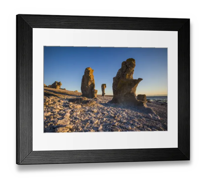 Framed Print : Sweden, Faro Island, Langhammars Area, Langhammar coastal limestone rauk rock, sunset Framed Print : Sweden, Faro Island, Langhammars Area, Langhammar coastal limestone rauk rock, sunset