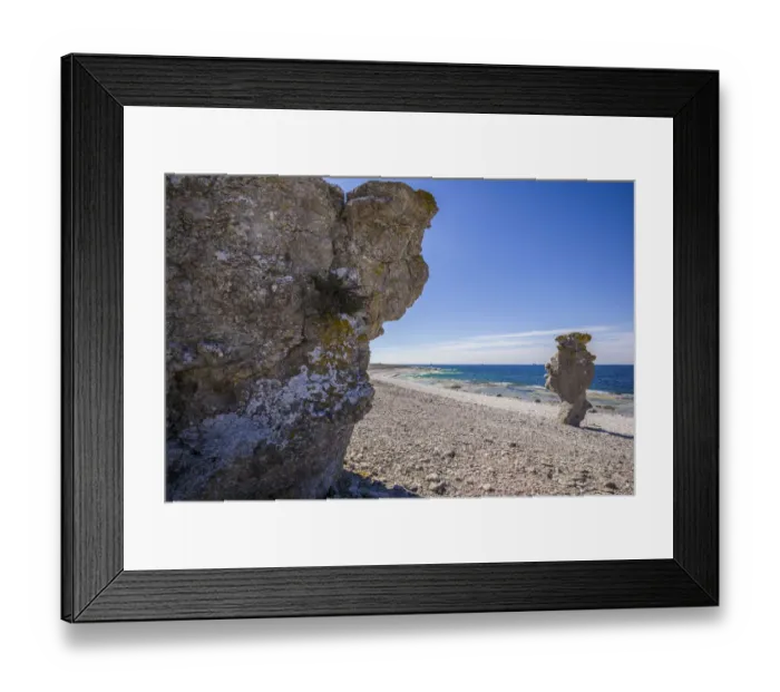 Framed Print : Sweden, Faro Island, Langhammars Area, Langhammar coastal limestone rauk rock
