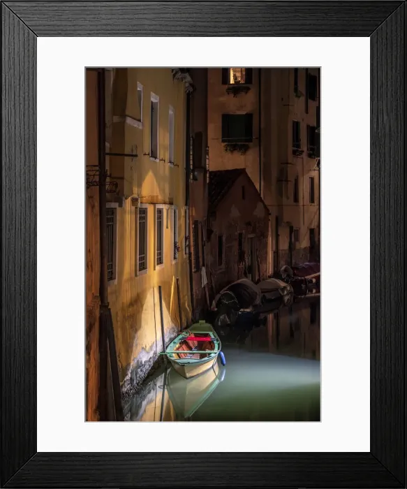 Framed Print : Europe, Italy, Venice. Wooden boat and reflections on still canal at night Framed Print : Europe, Italy, Venice. Wooden boat and reflections on still canal at night
