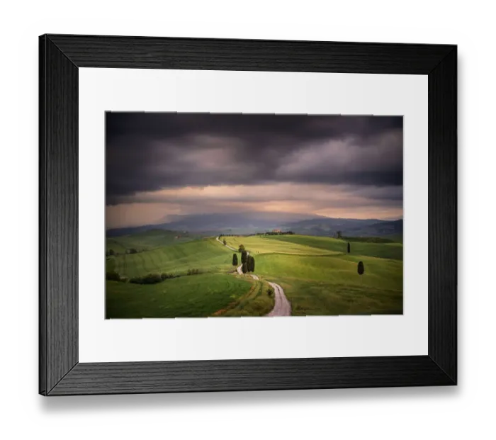 Framed Print : Europe, Italy, Tuscany, Val d Orcia. Road through farming landscape Framed Print : Europe, Italy, Tuscany, Val d Orcia. Road through farming landscape