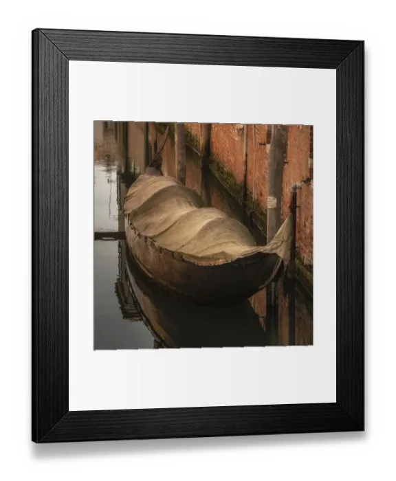 Framed Print : Europe, Italy, Venice. Covered old gondola on canal Framed Print : Europe, Italy, Venice. Covered old gondola on canal