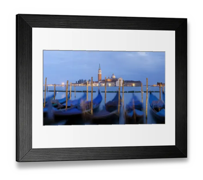 Framed Print : Europe, Italy, Venice. Sunset on gondolas and Church of San Giorgio Maggiore