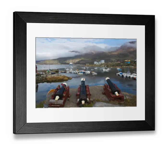 Framed Print : Cannon artillery overlooking the harbor, Qeqertarsuaq, Greenland