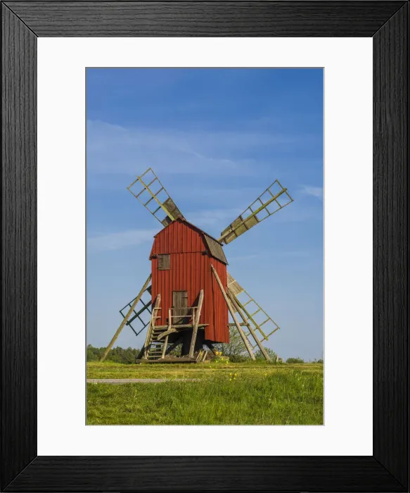 Framed Print : Sweden, Oland Island, Storlinge, antique wooden windmills Framed Print : Sweden, Oland Island, Storlinge, antique wooden windmills