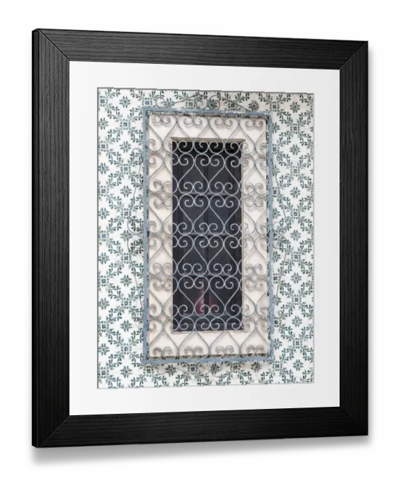 Framed Print : Portugal, Aveiro. Shuttered window on tiled wall with wrought iron covering