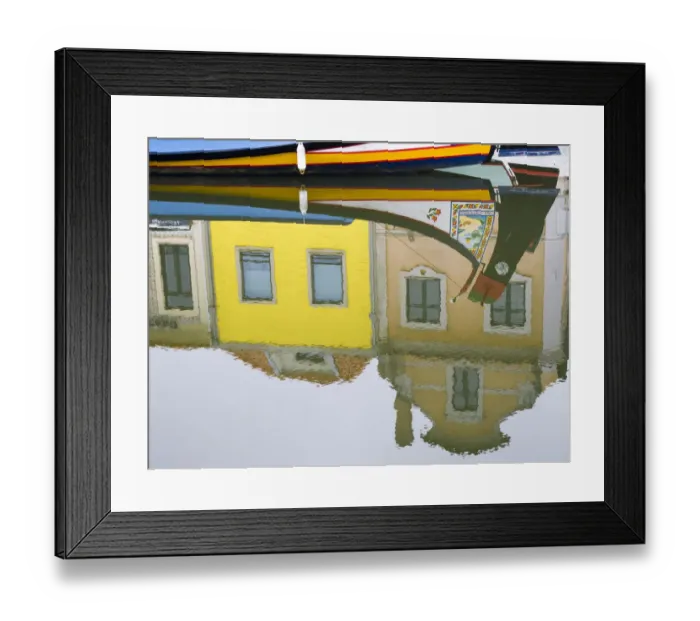 Framed Print : Portugal, Aveiro. Reflection of colorful buildings and painted Moliceiro boats in Framed Print : Portugal, Aveiro. Reflection of colorful buildings and painted Moliceiro boats in