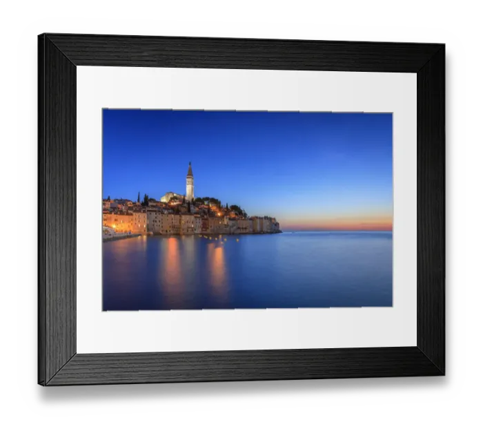 Framed Print : Europe, Croatia, Rovinj. Ocean view of town at sunset