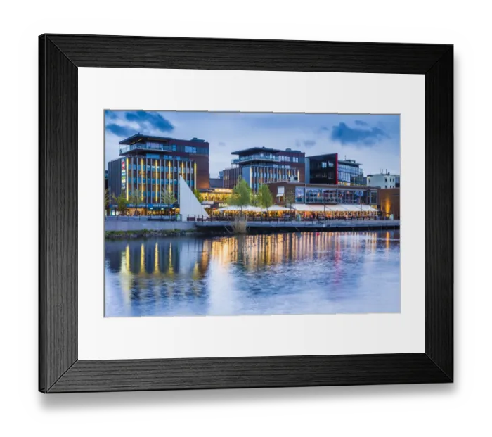 Framed Print : Sweden, Lake Vattern Area, Jonkoping, renovated harbor area along Munksjon Bay, dusk Framed Print : Sweden, Lake Vattern Area, Jonkoping, renovated harbor area along Munksjon Bay, dusk