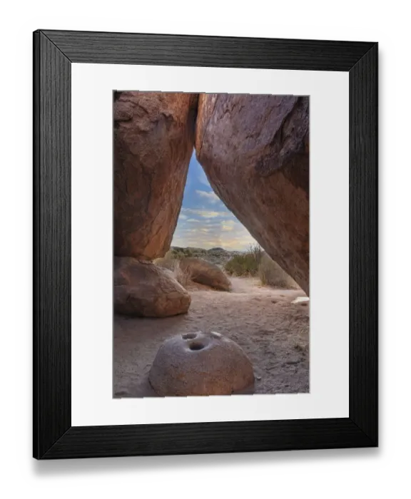 Framed Print : Ancient Native American mortar grinding stone in rock shelter at Council Rocks in