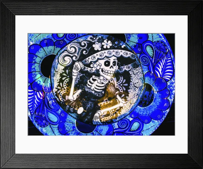 Framed Print : Colorful Mexican ceramic. Day of the Dead skeleton blue plate handicraft Los Cabos Framed Print : Colorful Mexican ceramic. Day of the Dead skeleton blue plate handicraft Los Cabos
