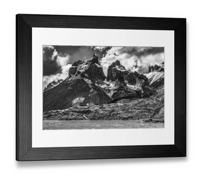 Framed Print : Black and white Large Pehoe Lake Lago Paine Horns three granite peaks Framed Print : Black and white Large Pehoe Lake Lago Paine Horns three granite peaks