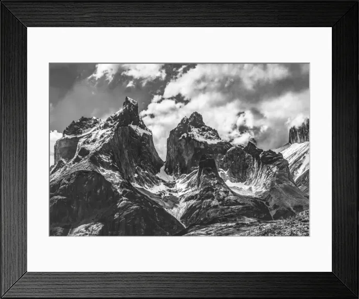Framed Print : Black and white Paine Horns three granite peaks, Torres del Paine National Park