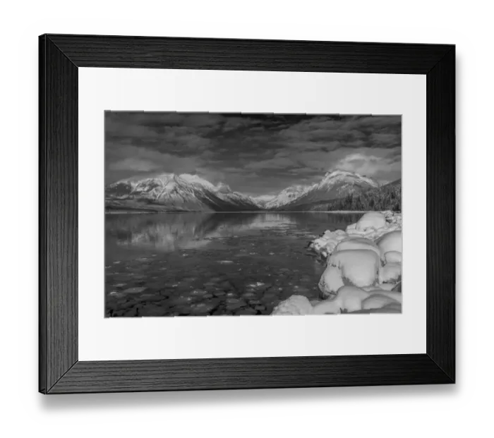 Framed Print : Mountains reflect in wintry Lake McDonald in Glacier National Park, Montana, USA Framed Print : Mountains reflect in wintry Lake McDonald in Glacier National Park, Montana, USA