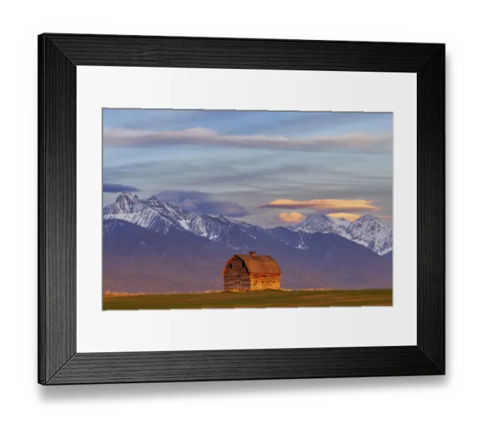 Framed Print : Rustic old barn in evening light with Mission Mountains in Pablo, Montana, USA Framed Print : Rustic old barn in evening light with Mission Mountains in Pablo, Montana, USA