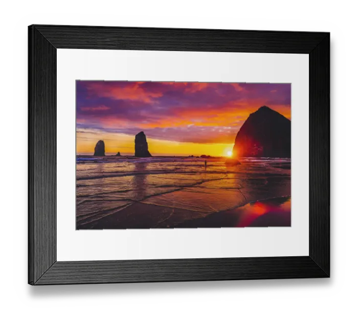 Framed Print : Colorful sunset, Haystack Rock sea stacks, Canon Beach, Clatsop County, Oregon