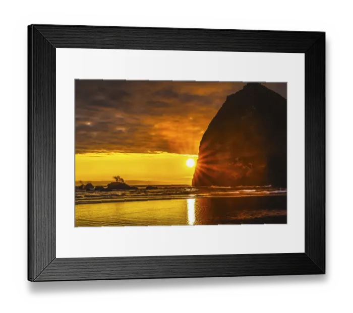 Framed Print : Colorful sunset, Haystack Rock sea stacks, Canon Beach, Clatsop County, Oregon