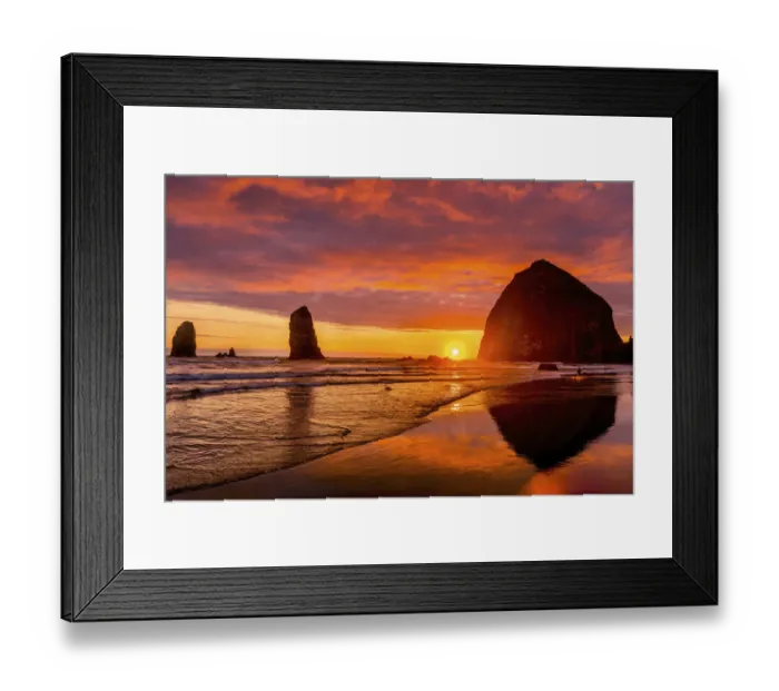 Framed Print : Colorful sunset, birds, Haystack Rock sea stacks, Canon Beach, Clatsop County, Oregon Framed Print : Colorful sunset, birds, Haystack Rock sea stacks, Canon Beach, Clatsop County, Oregon