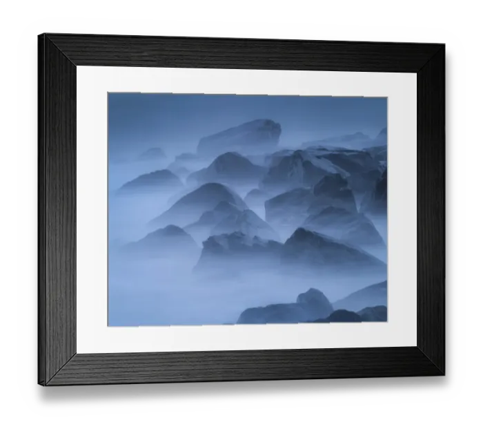 Framed Print : USA, New Jersey, Cape May National Seashore. Scenic of fog-covered rocks on shore