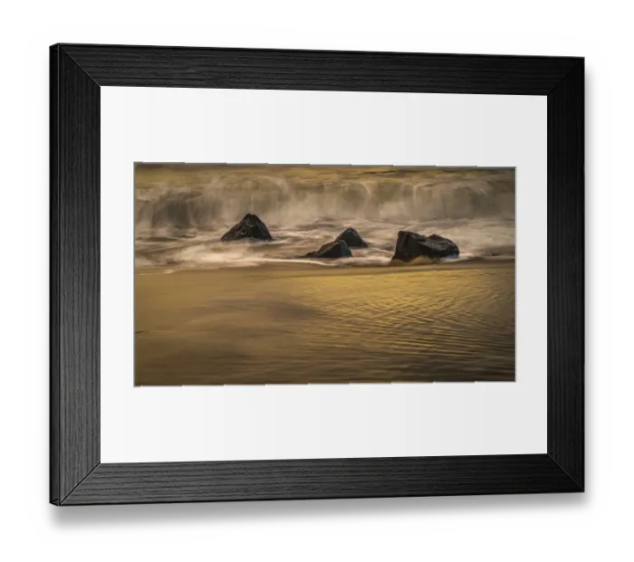 Framed Print : USA, New Jersey, Cape May National Seashore. Sunrise on shore rocks and wave