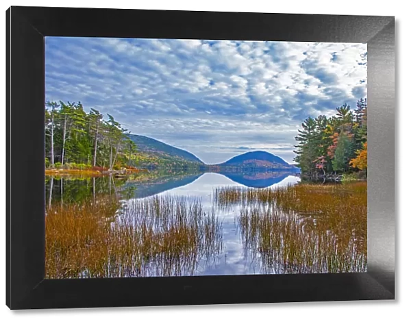 USA, New England, Maine, Acadia National Park and Jordon Pond on very calm Autumn day