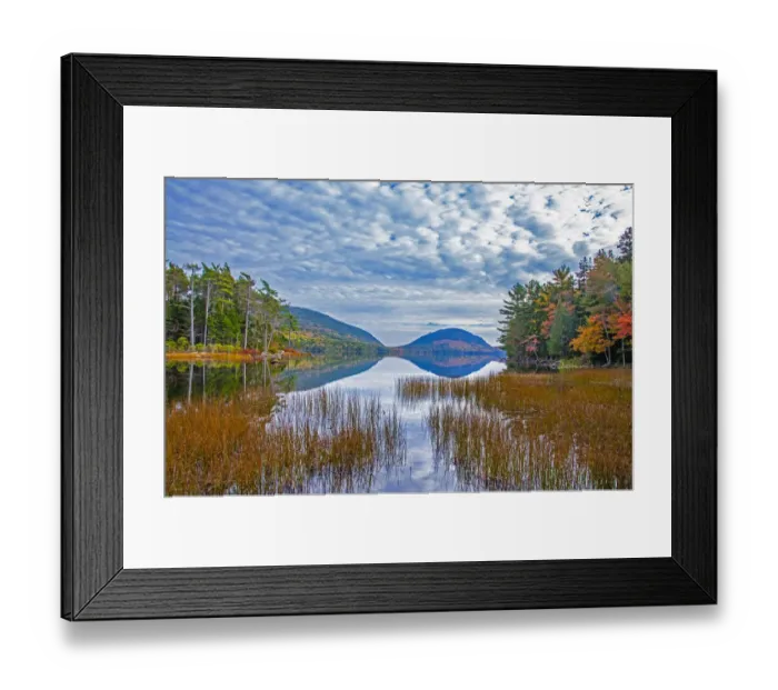 Framed Print : USA, New England, Maine, Acadia National Park and Jordon Pond on very calm Autumn day