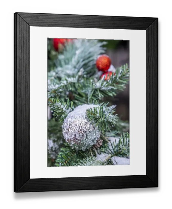 Framed Print : USA, Maryland, Bethesda, First snowfall on Holiday decoration