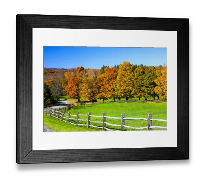 Framed Print : USA, New England, Vermont countryside with curved gravel road fence in Autumn
