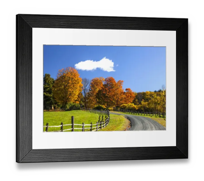 Framed Print : USA, New England, Vermont countryside with curved gravel road fence in Autumn Framed Print : USA, New England, Vermont countryside with curved gravel road fence in Autumn