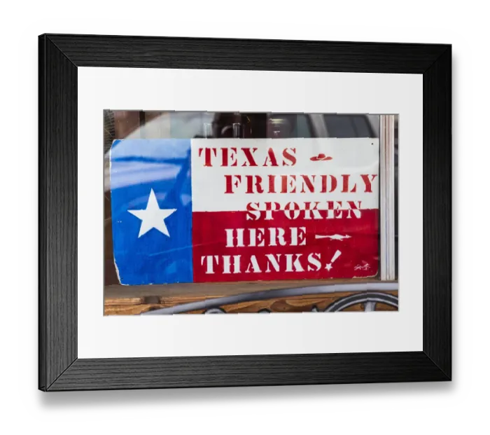 Framed Print : Bandera, Texas, USA. Texas friendly sign in the Texas Hill Country. (Editorial Use Only) Framed Print : Bandera, Texas, USA. Texas friendly sign in the Texas Hill Country. (Editorial Use Only)