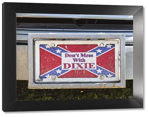 Marble Falls, Texas, USA. Decorative license plate with a Confederate flag