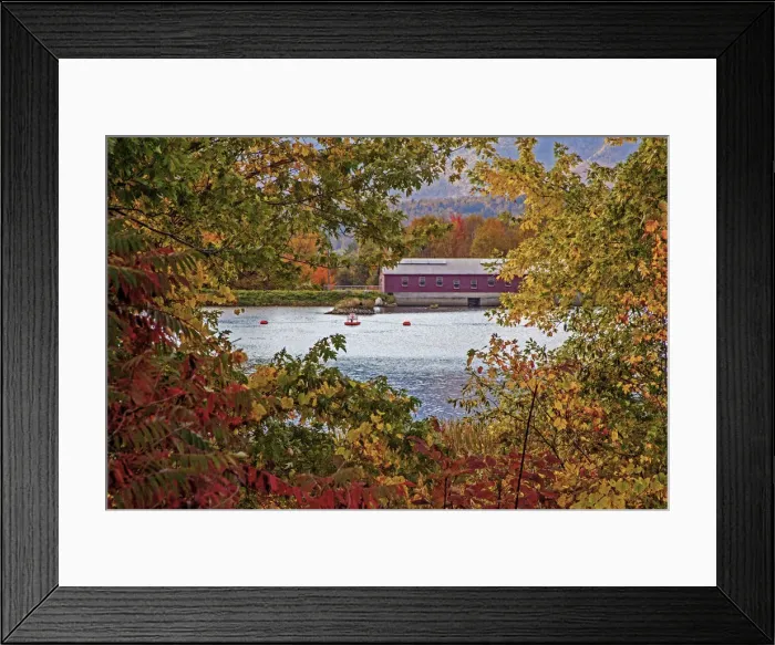 Framed Print : USA, New Hampshire, Gorham, Fall colored trees framing Androscoggin River near damn site Framed Print : USA, New Hampshire, Gorham, Fall colored trees framing Androscoggin River near damn site
