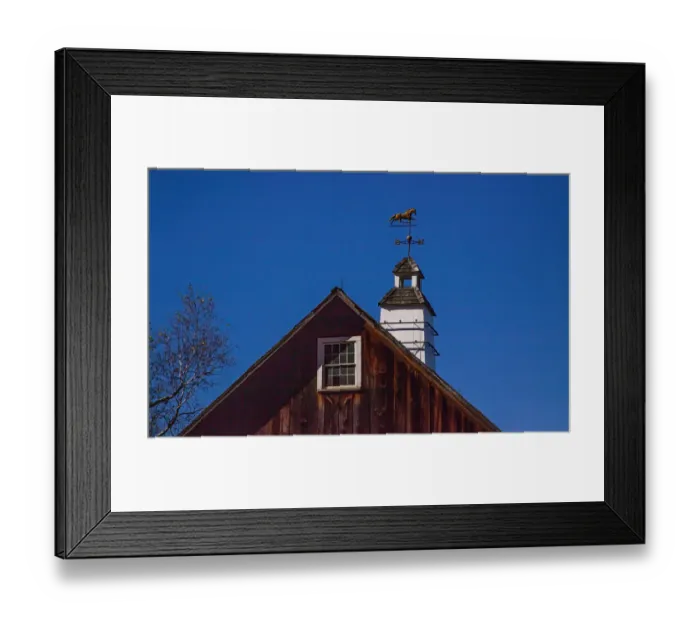 Framed Print : USA, New England, Vermont weather vane on top of wooden barn topped with horse
