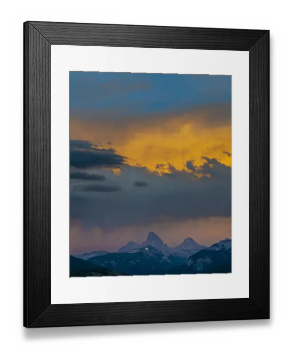 Framed Print : USA, Wyoming. Dramatic sky at sunset over Grand Teton, west side of Teton Mountains