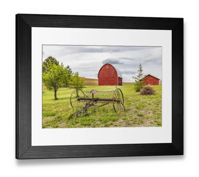 Framed Print : Albion, Washington State, USA. Red barns and antique farm equipment in the Palouse hills Framed Print : Albion, Washington State, USA. Red barns and antique farm equipment in the Palouse hills