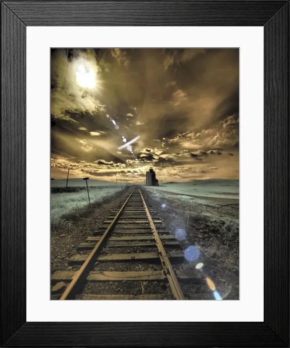 Framed Print : USA, Washington State, Palouse. Backcountry rail Road and Silo through wheat field with