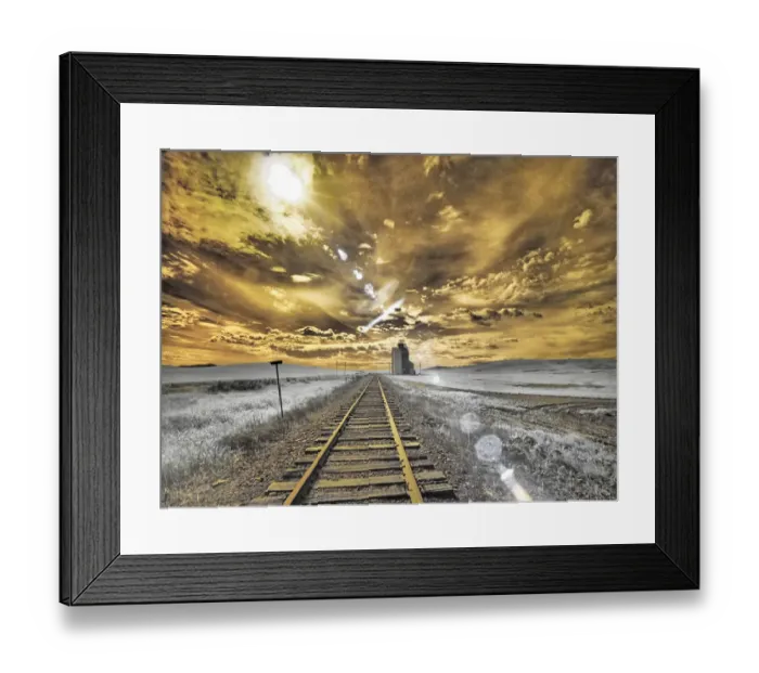 Framed Print : USA, Washington State, Palouse. Backcountry rail Road and Silo through wheat field with
