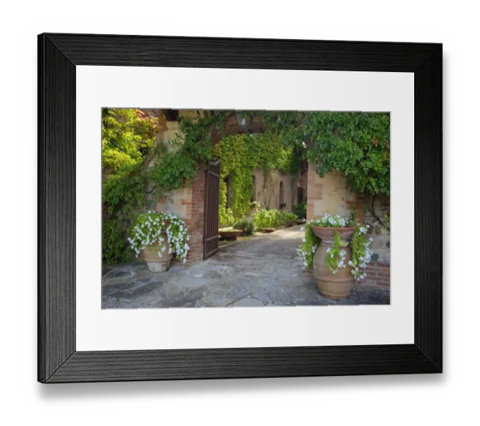 Framed Print : Italy, Tuscany. Courtyard of an agriturismo near the hill town of Montalcino